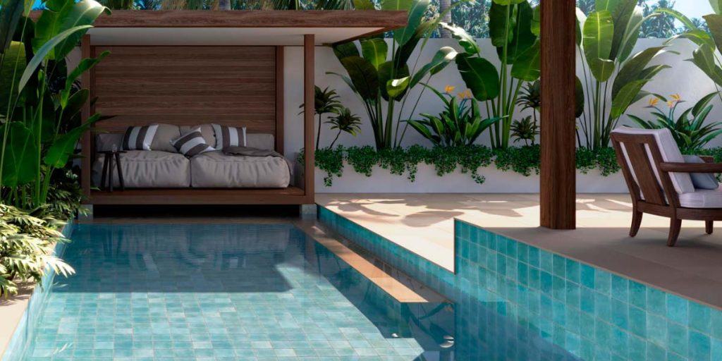 gres porcelánico para piscinas en jardin